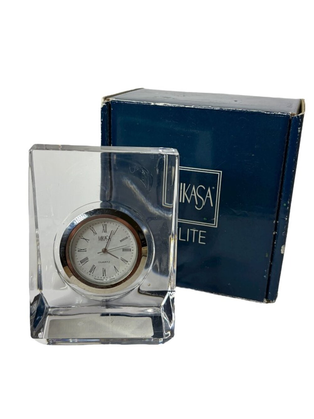 Mikasa Solitaire Crystal Square Clock Quartz Desk Paperweight Table Clock w/ Box